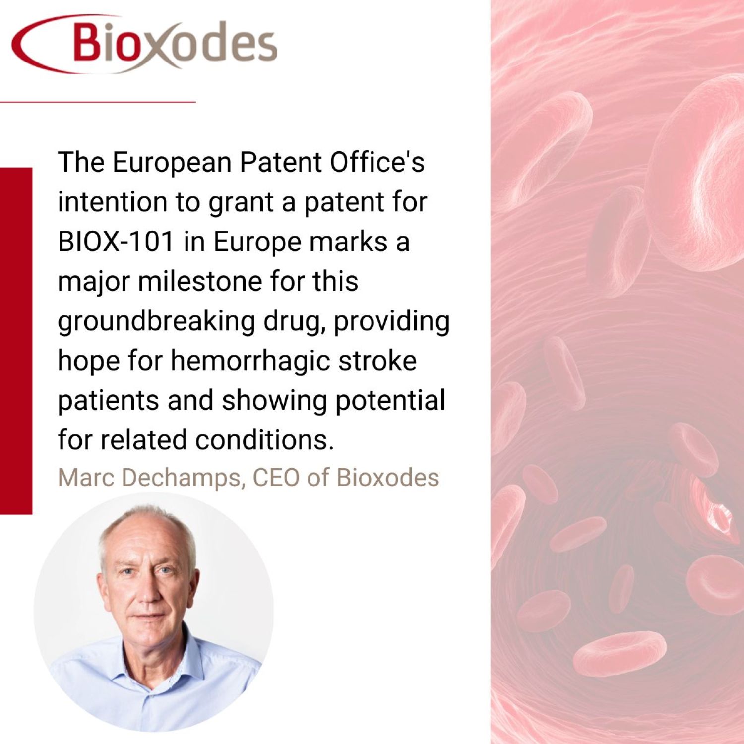 Bioxodes receives European Patent Office intention to grant patent, offering lead asset broad protection in thromboinflammation